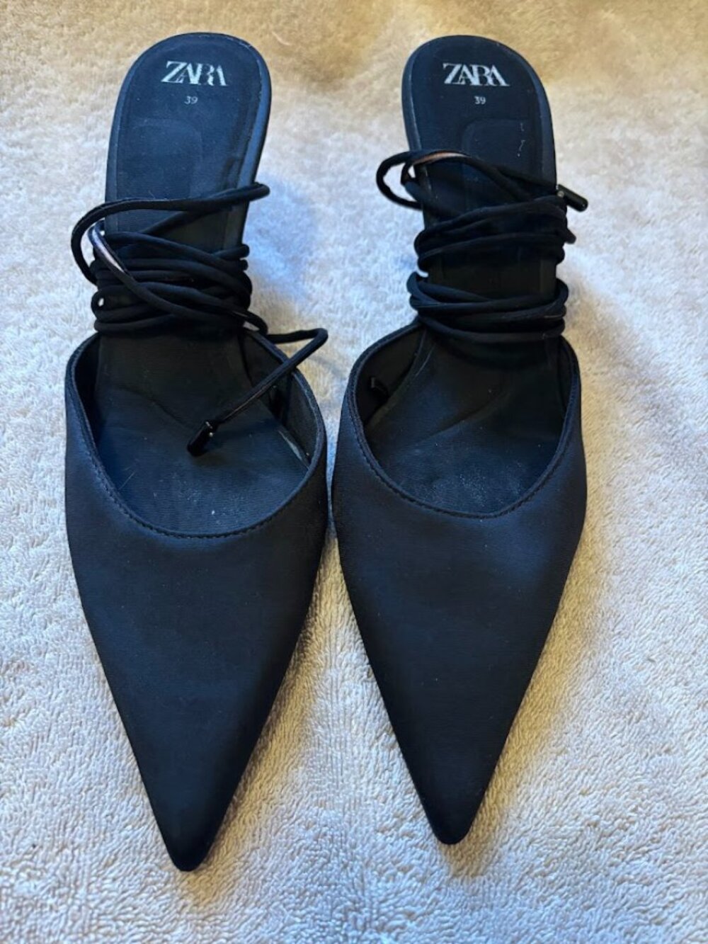 ZARA Women's Black Pointed-Toe Lace-up Heeled Pumps - size 39